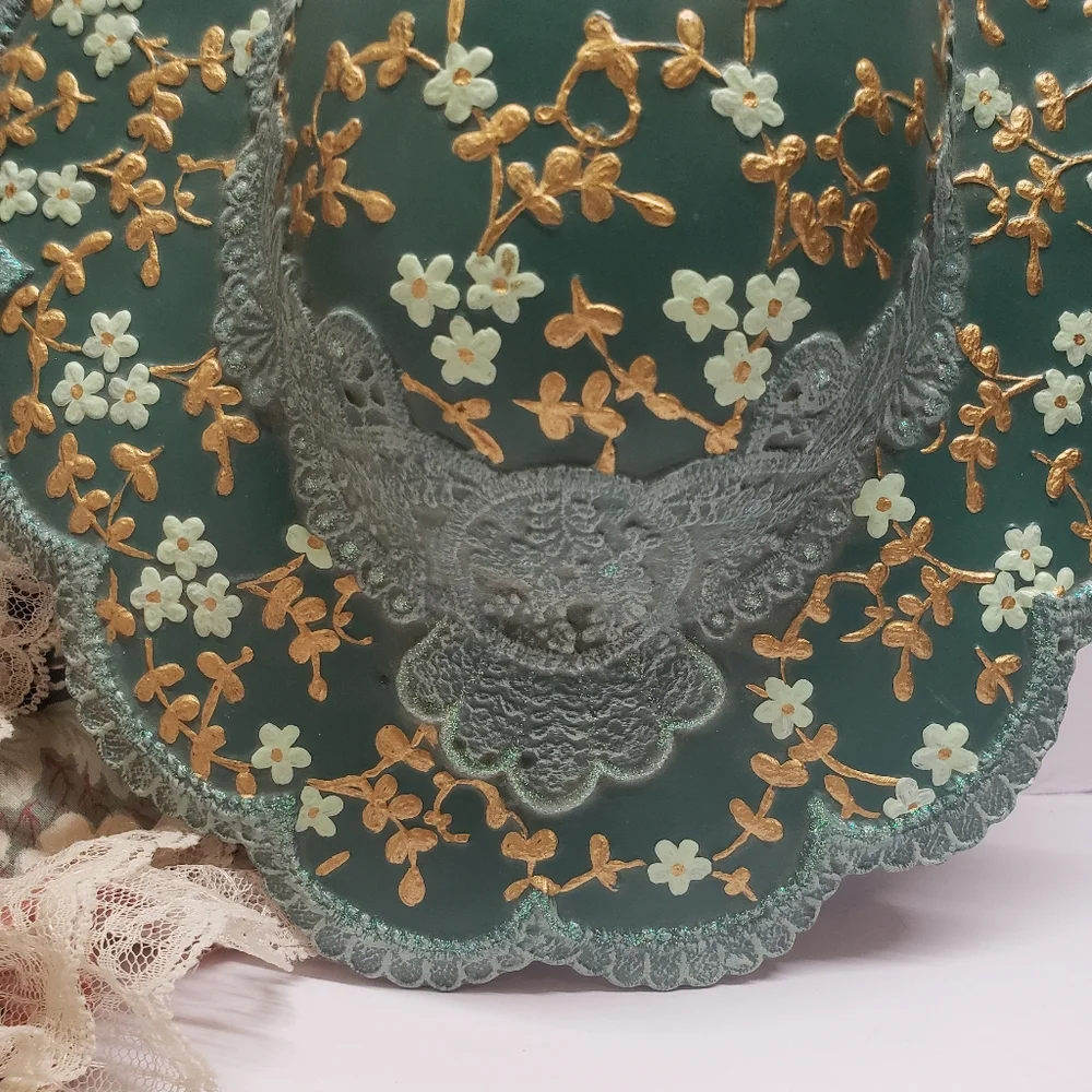 Ceramic Hand Painted Green & Gold Floral Ladies Hat Wall Hanging Artist Signed